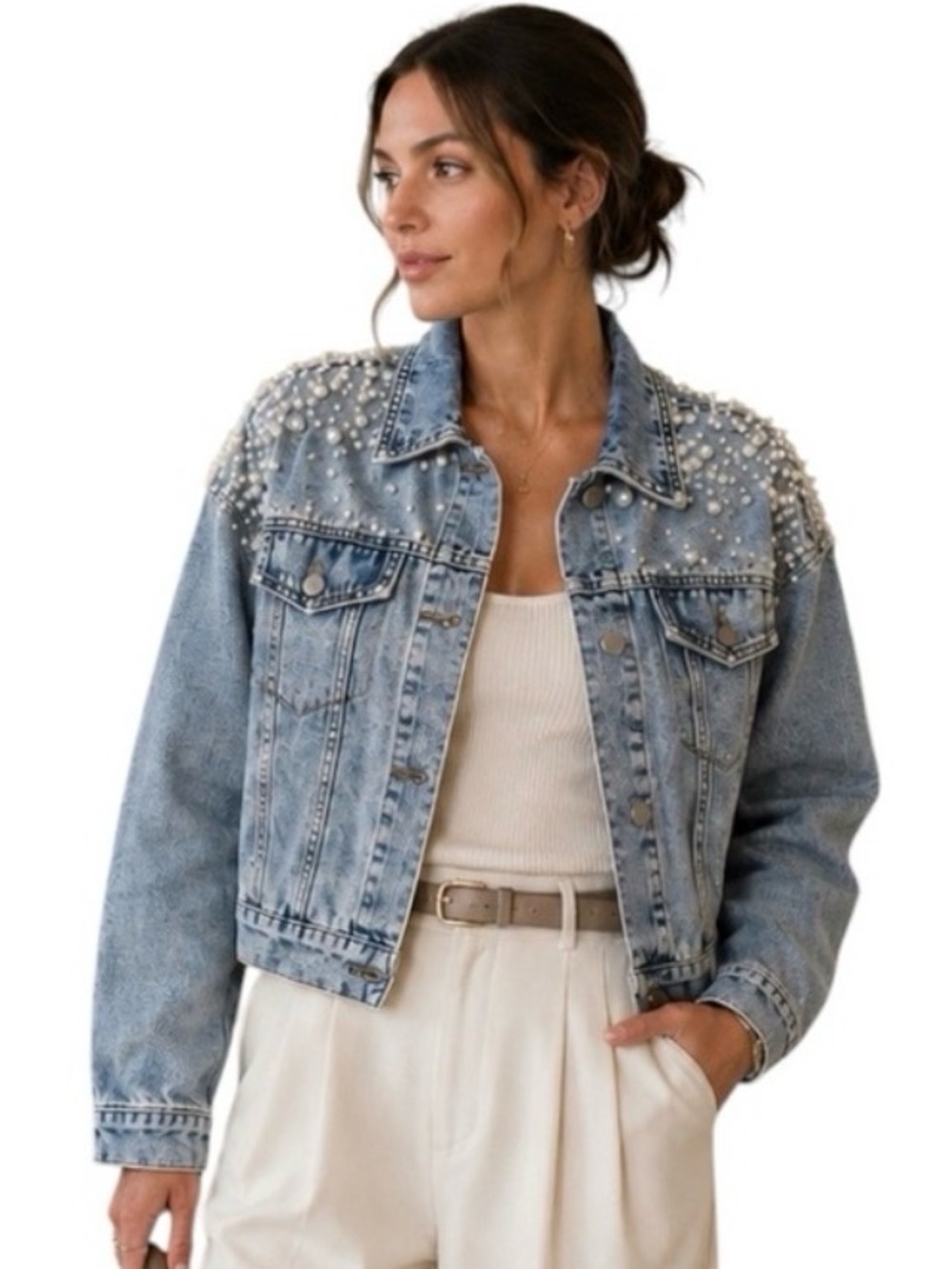 Pearl Embellished Cropped Denim Jacket Size Medium Luxe Streetwear Chic